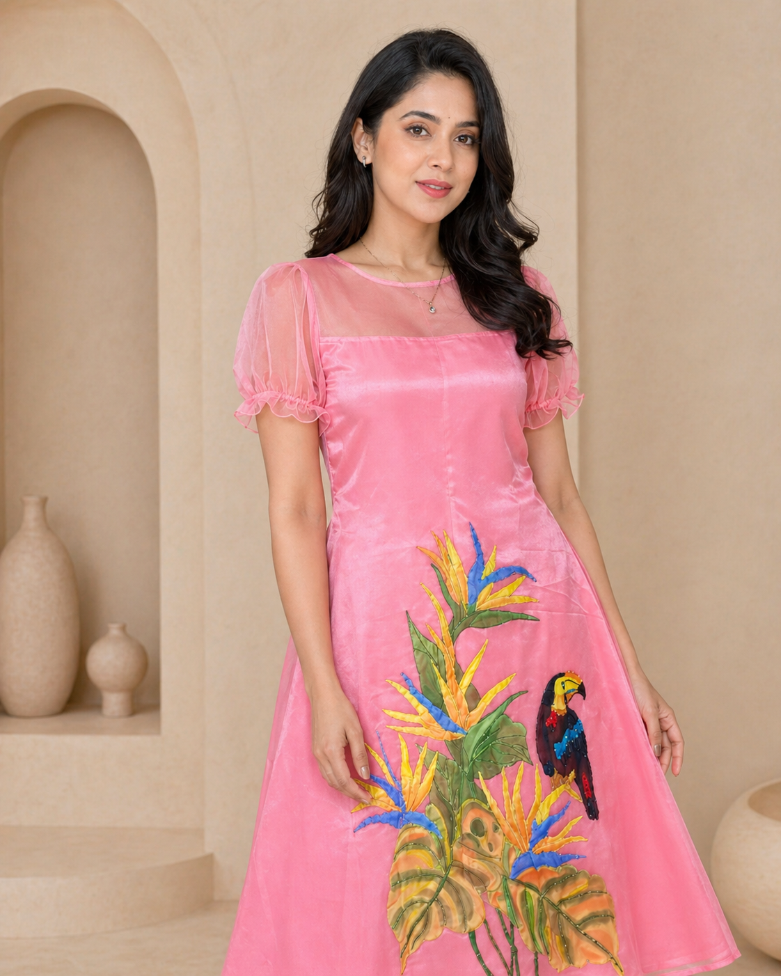 Peach  organza Frock with detachable satin lining and hand painted design