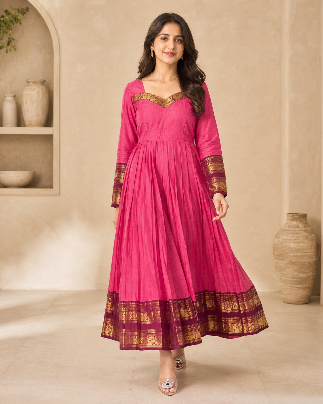 Pink cotton frock with kanchi border