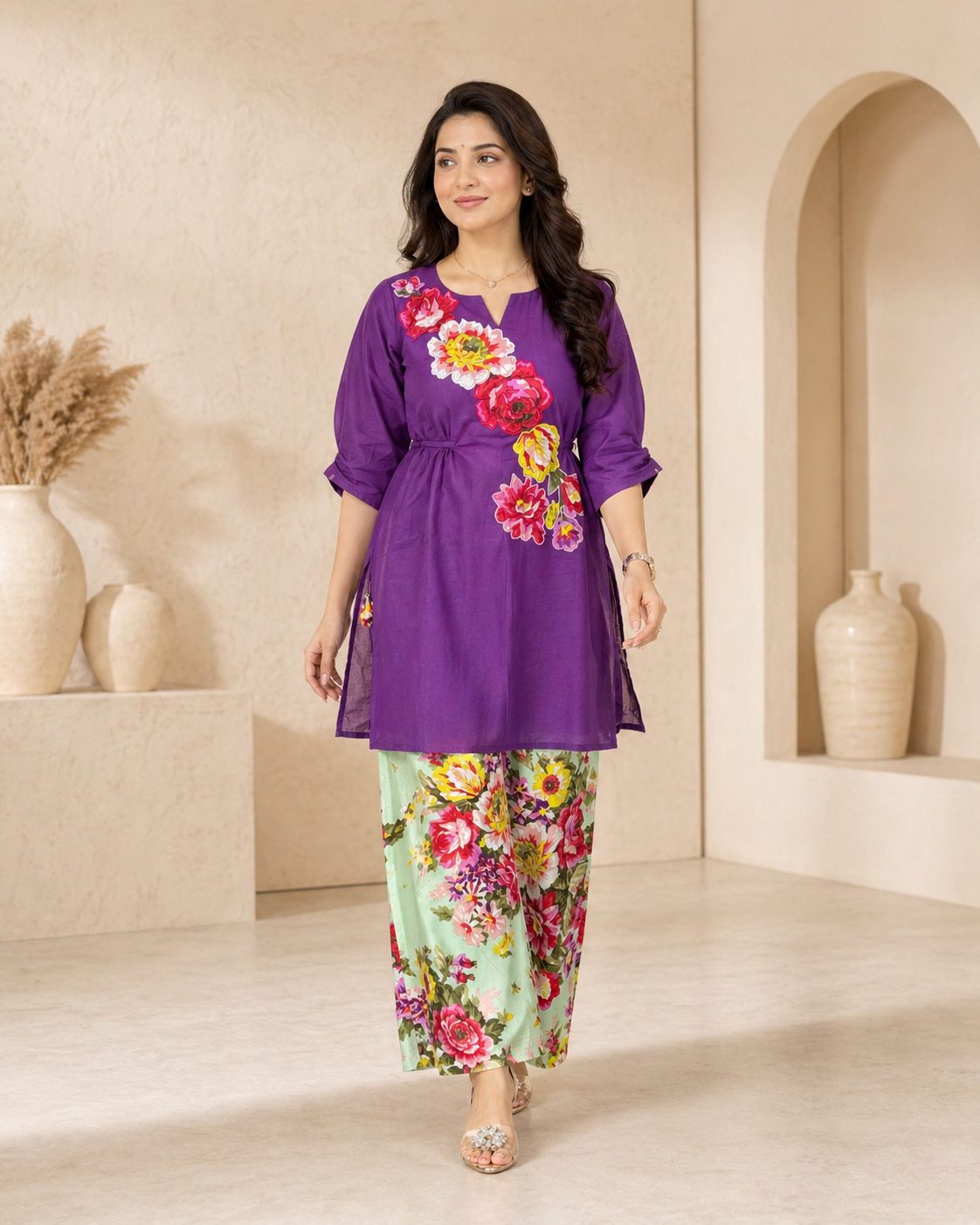 Cotton co-ord set with floral print motifs