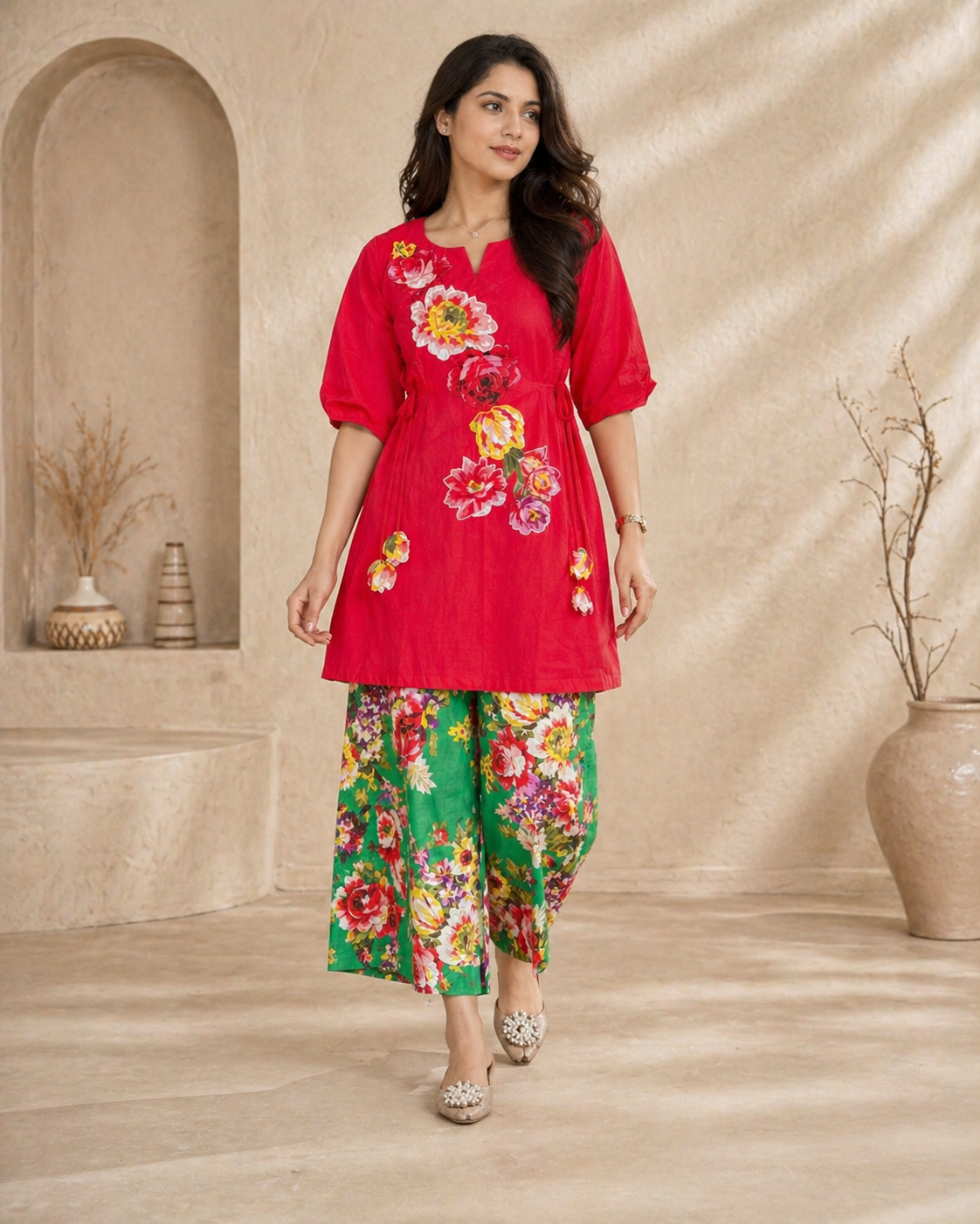 Cotton co-ord set with floral print motifs