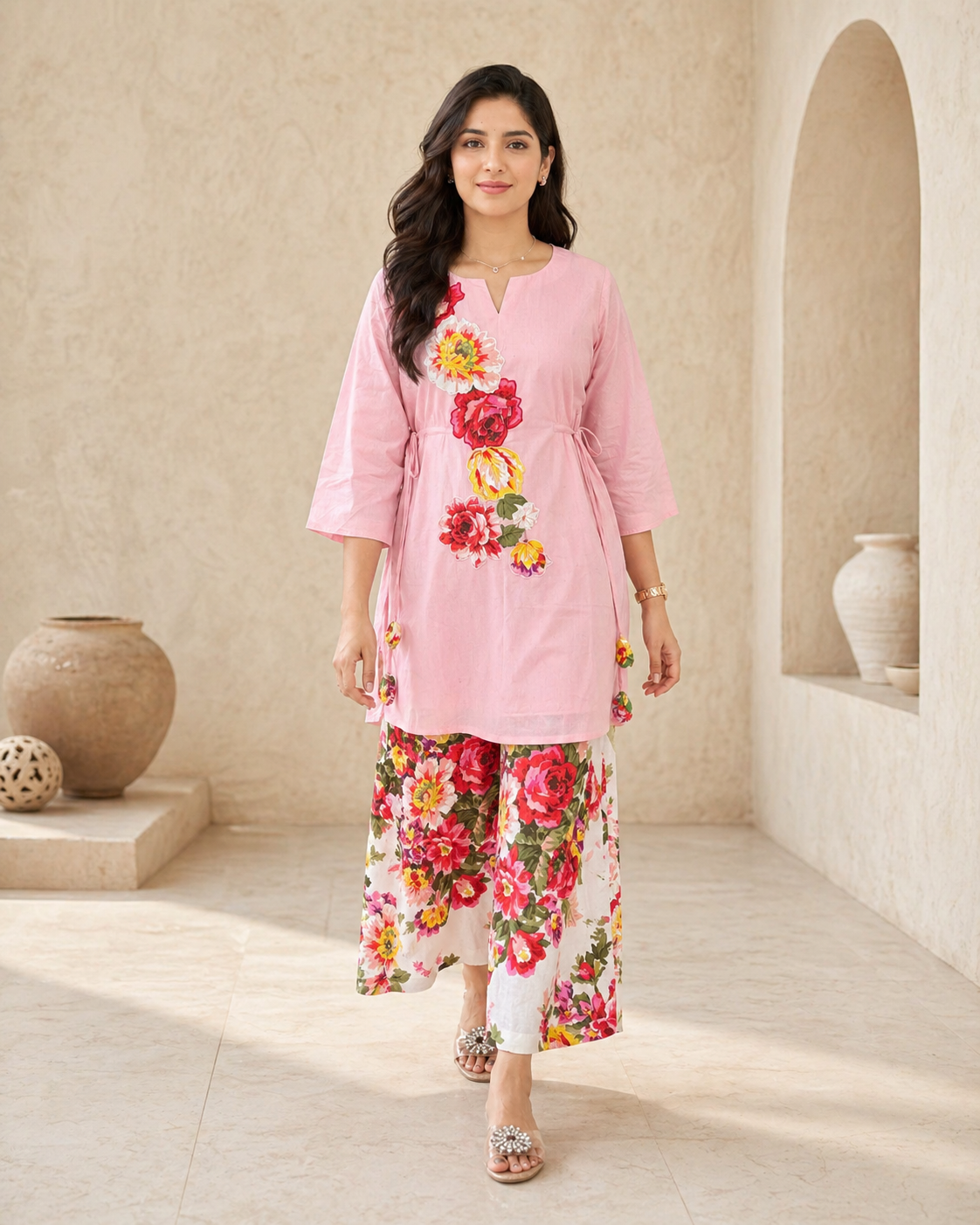Cotton co-ord set with floral print motifs