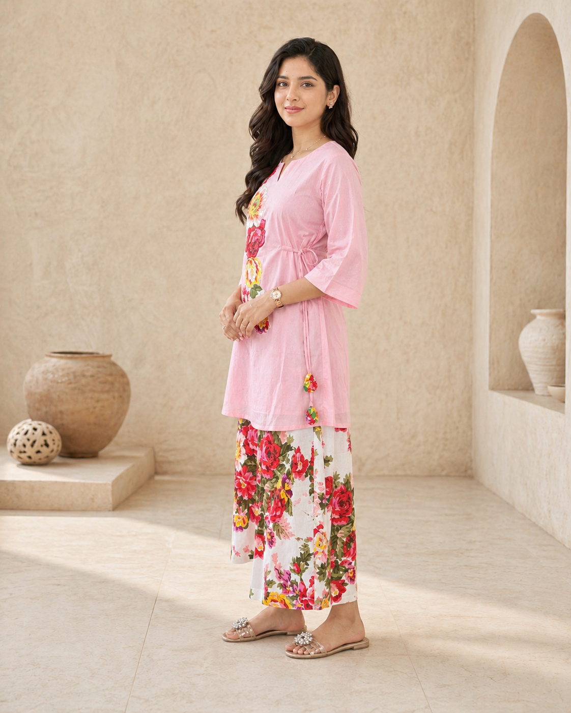 Cotton co-ord set with floral print motifs