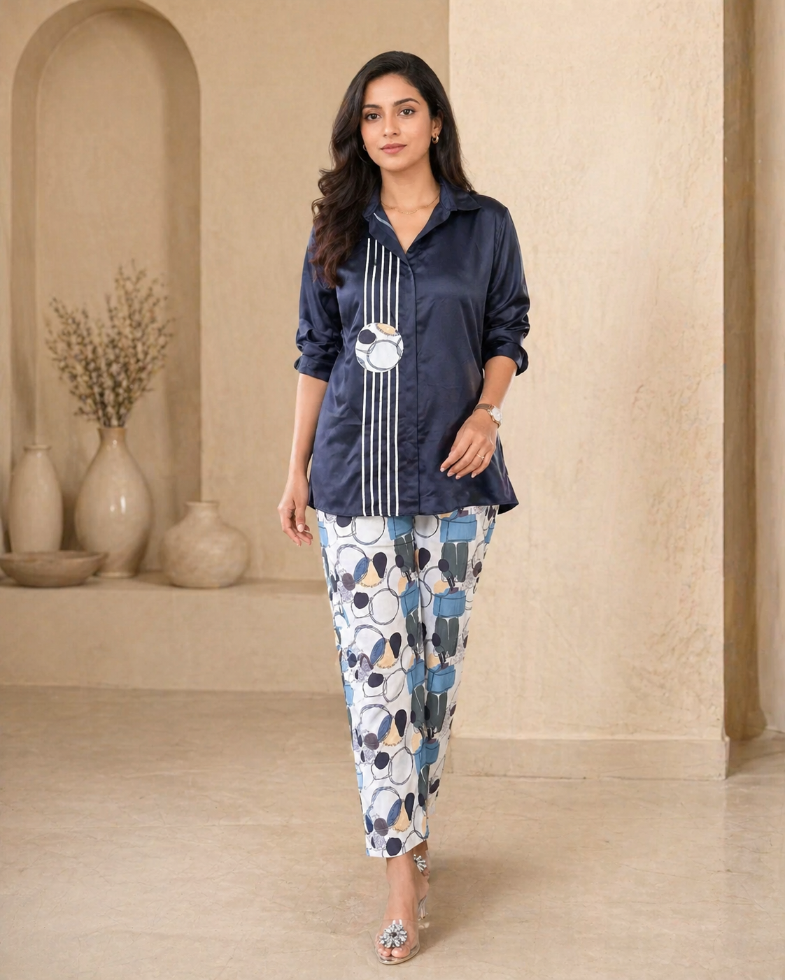 Black satin co-ord set with printed pant