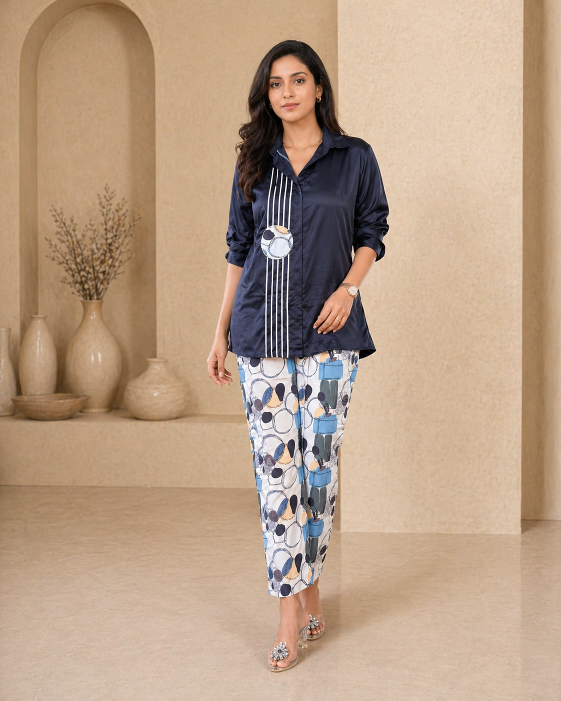 Black satin co-ord set with printed pant