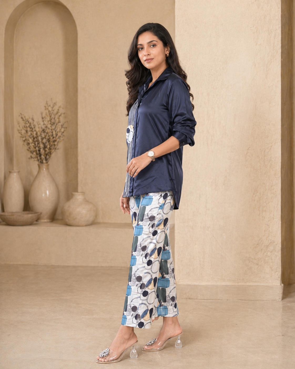Black satin co-ord set with printed pant