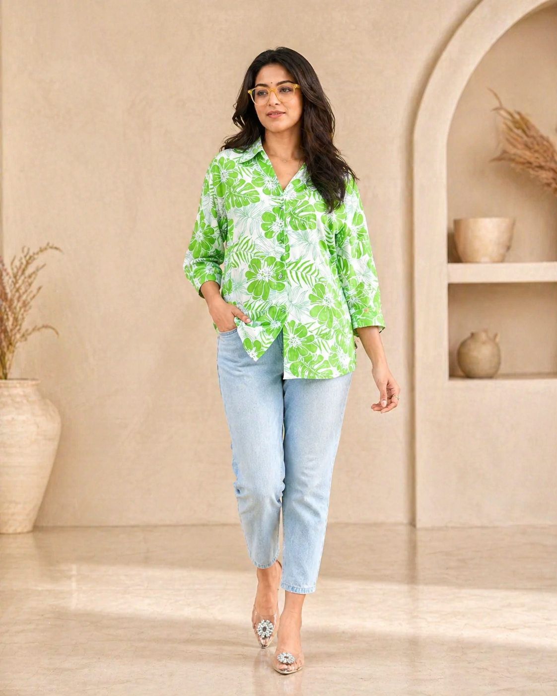 Classic green printed cotton formal shirt