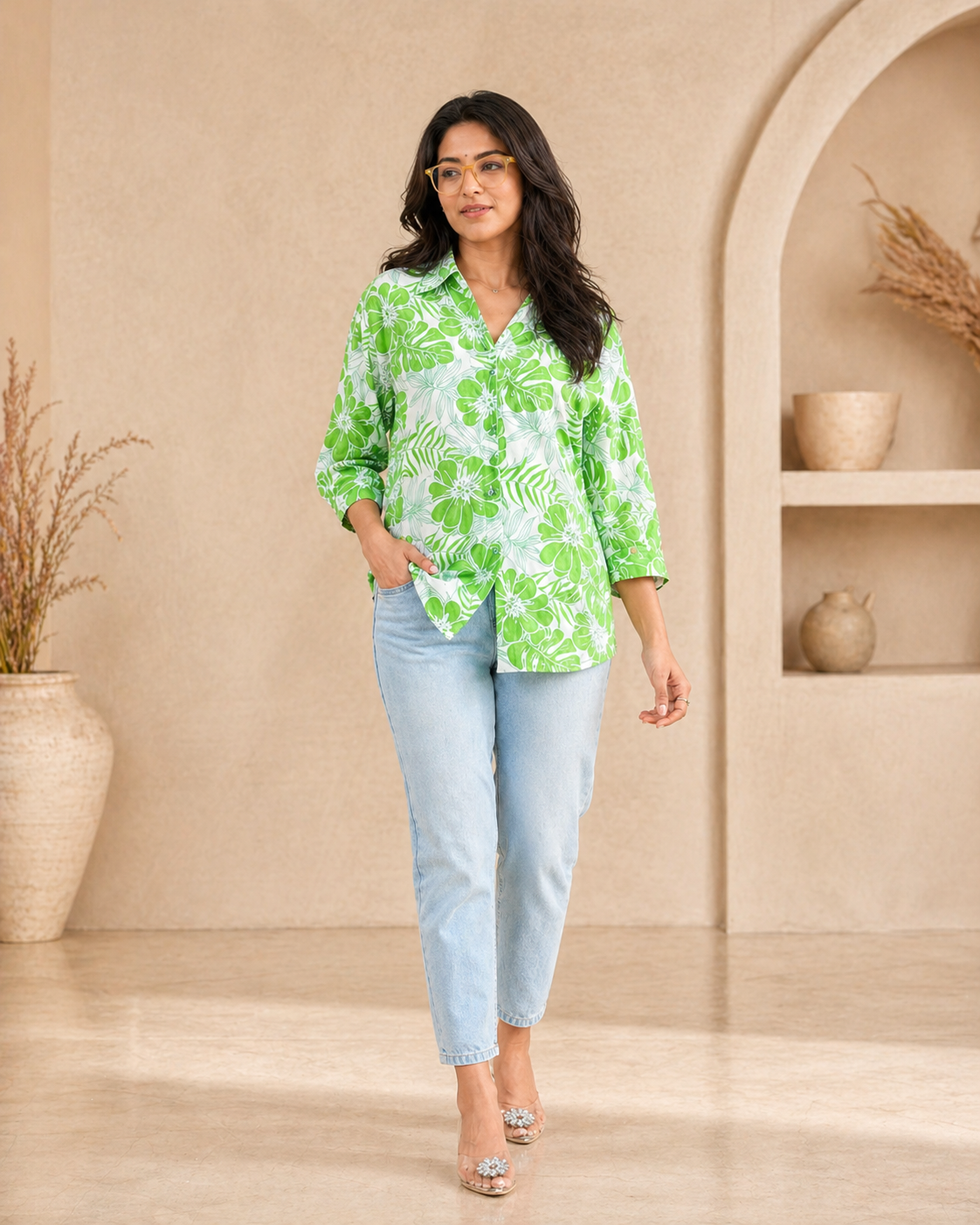 Classic green printed cotton formal shirt