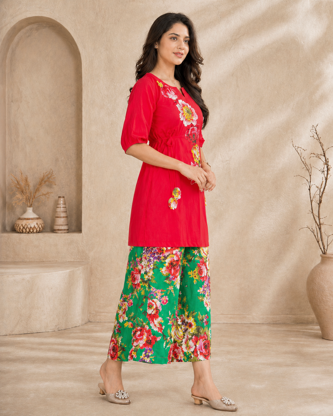 Cotton co-ord set with floral print motifs