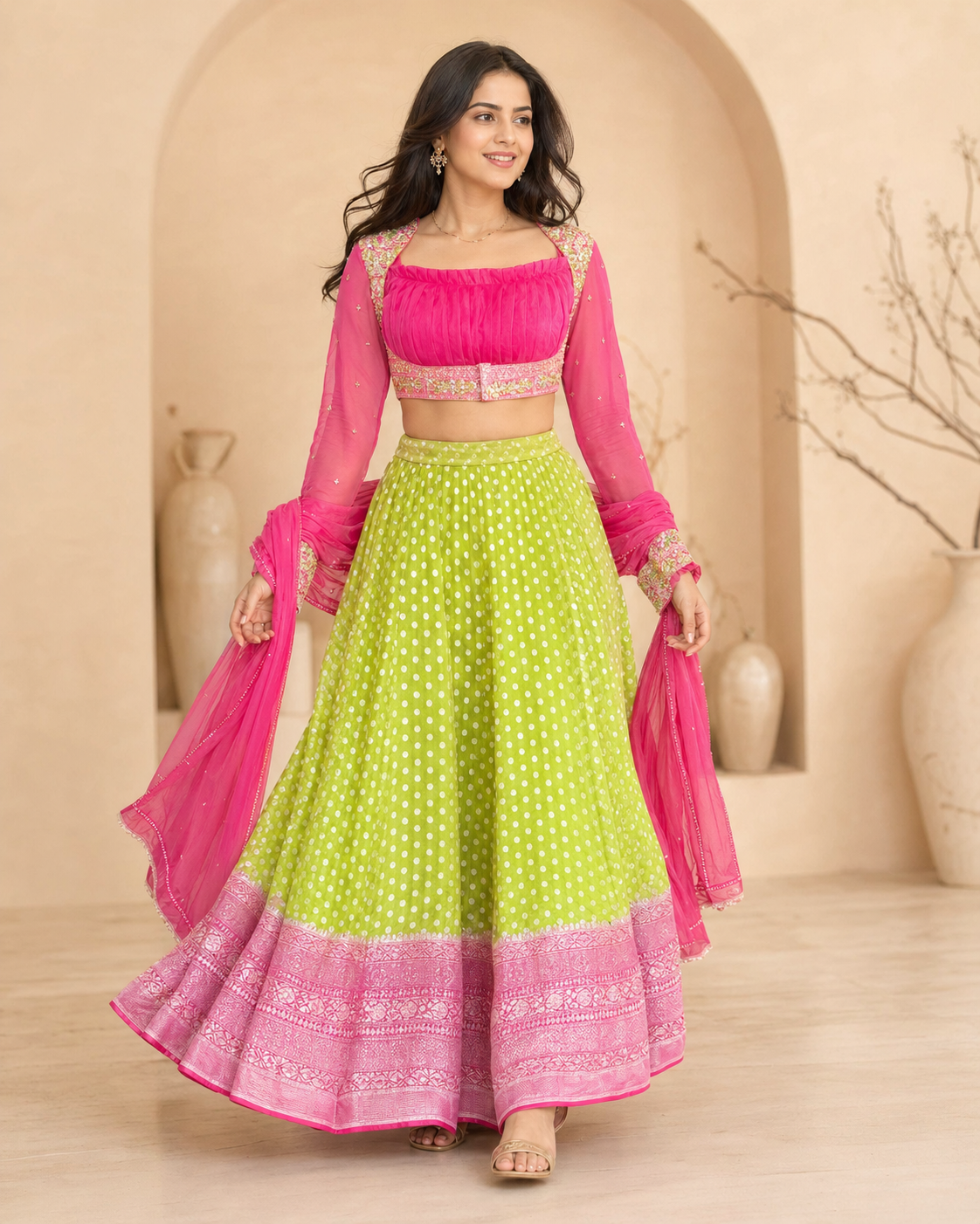Banaras green lehanga with pink full sleeves and  dupatta