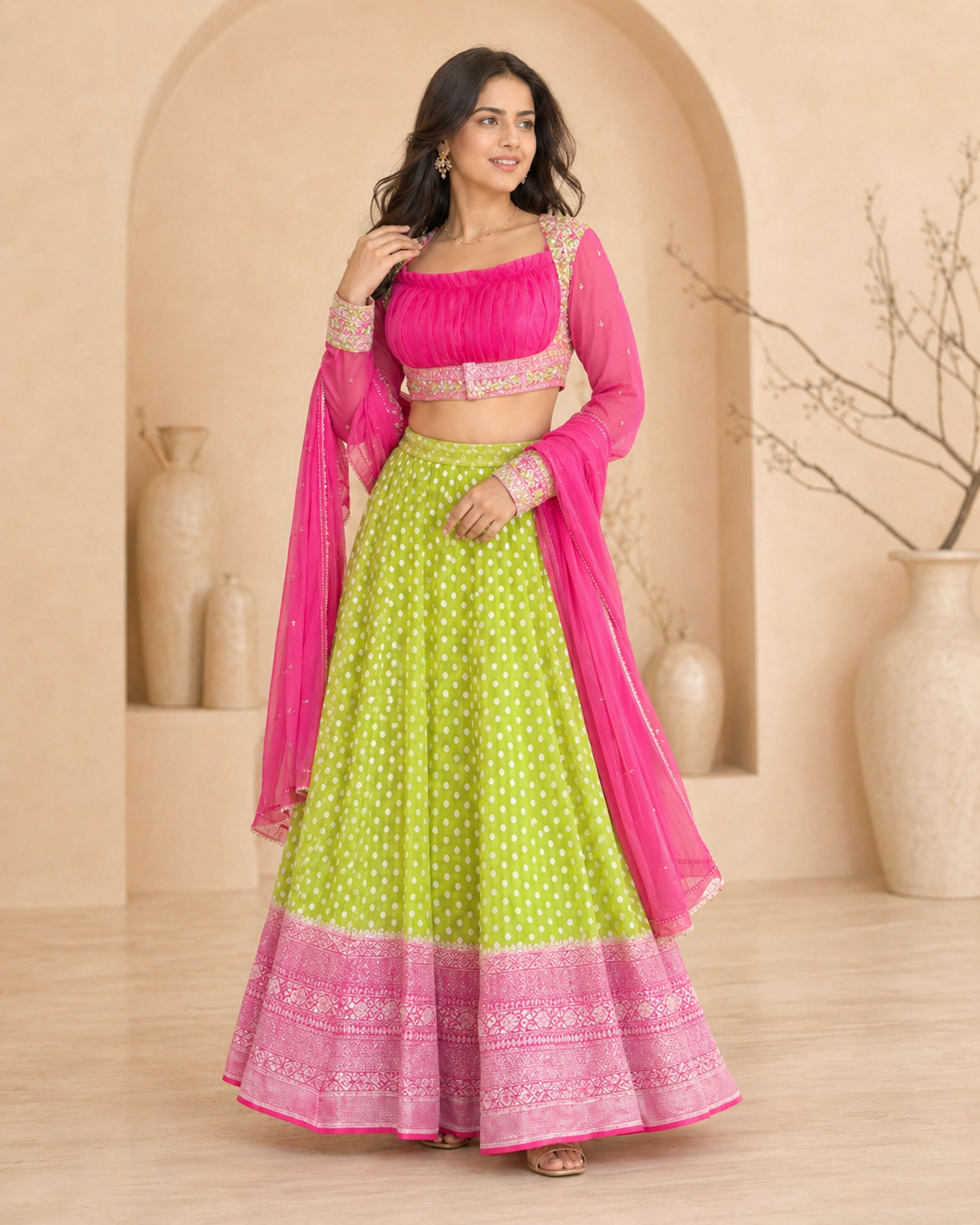 Banaras green lehanga with pink full sleeves and  dupatta