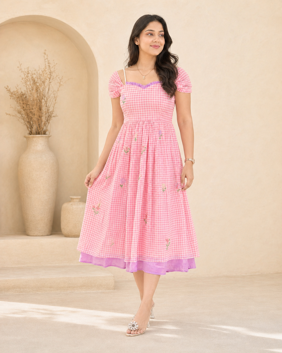 Pearl Strap Pink Gingham Casual Wear