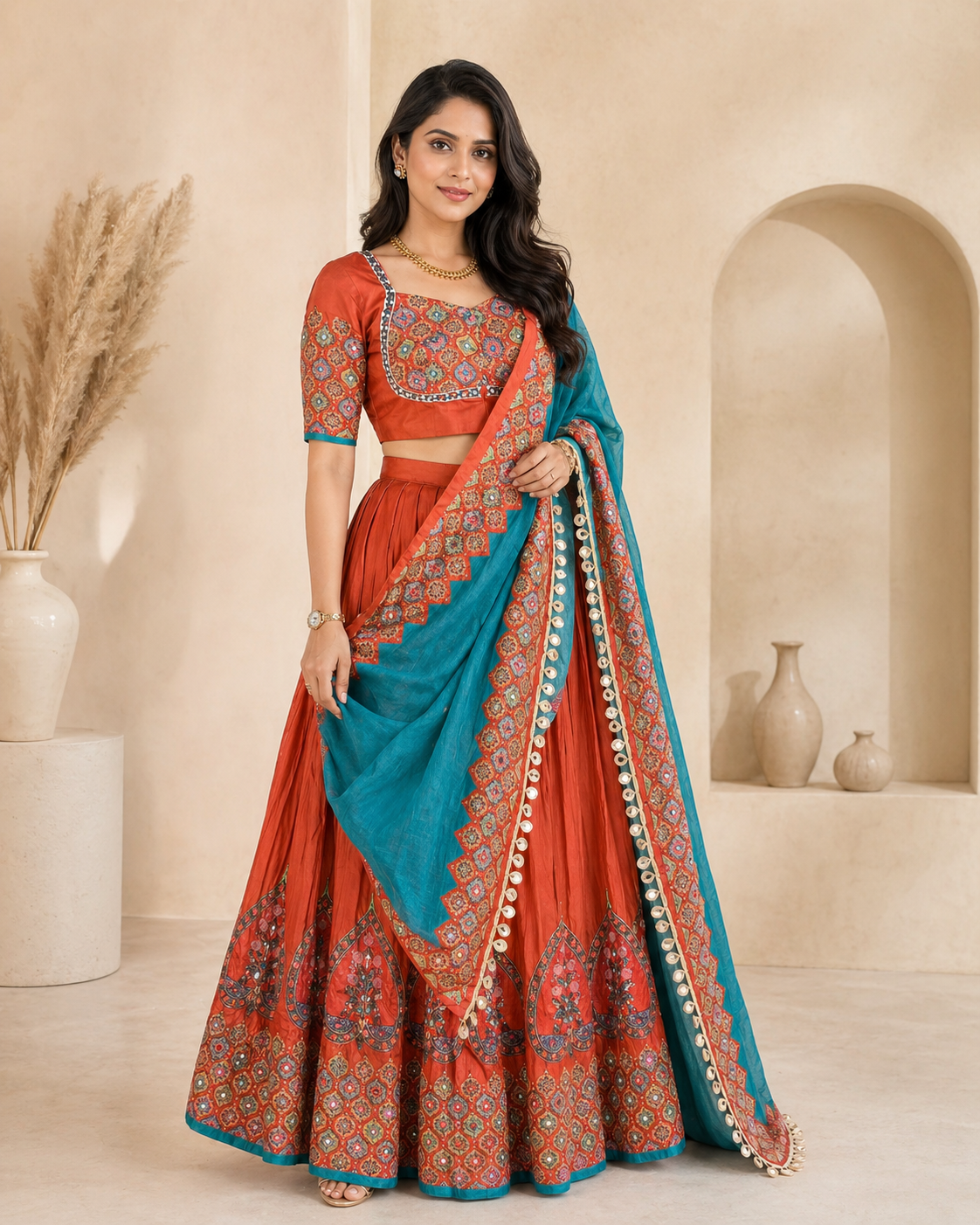 Ajrakh lehanga with mirror work