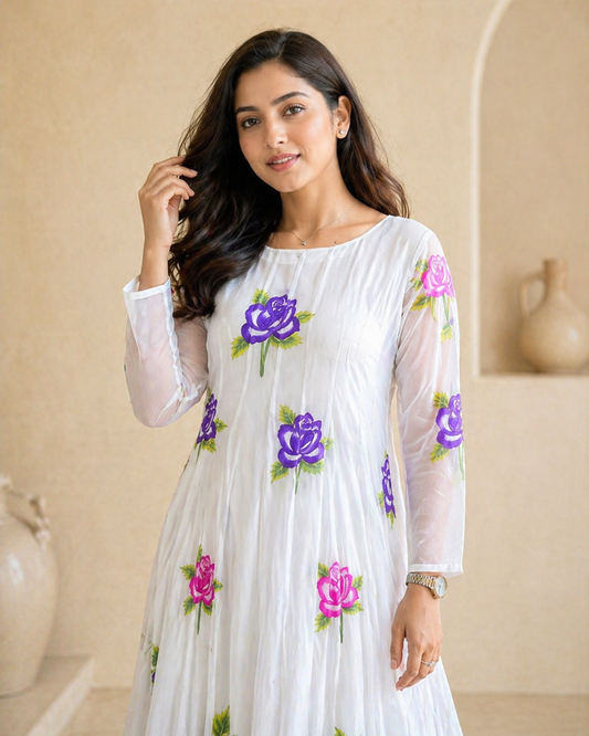 Ivory Hand painted floral frock with full sleeves