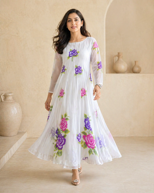 Ivory Hand painted floral frock with full sleeves