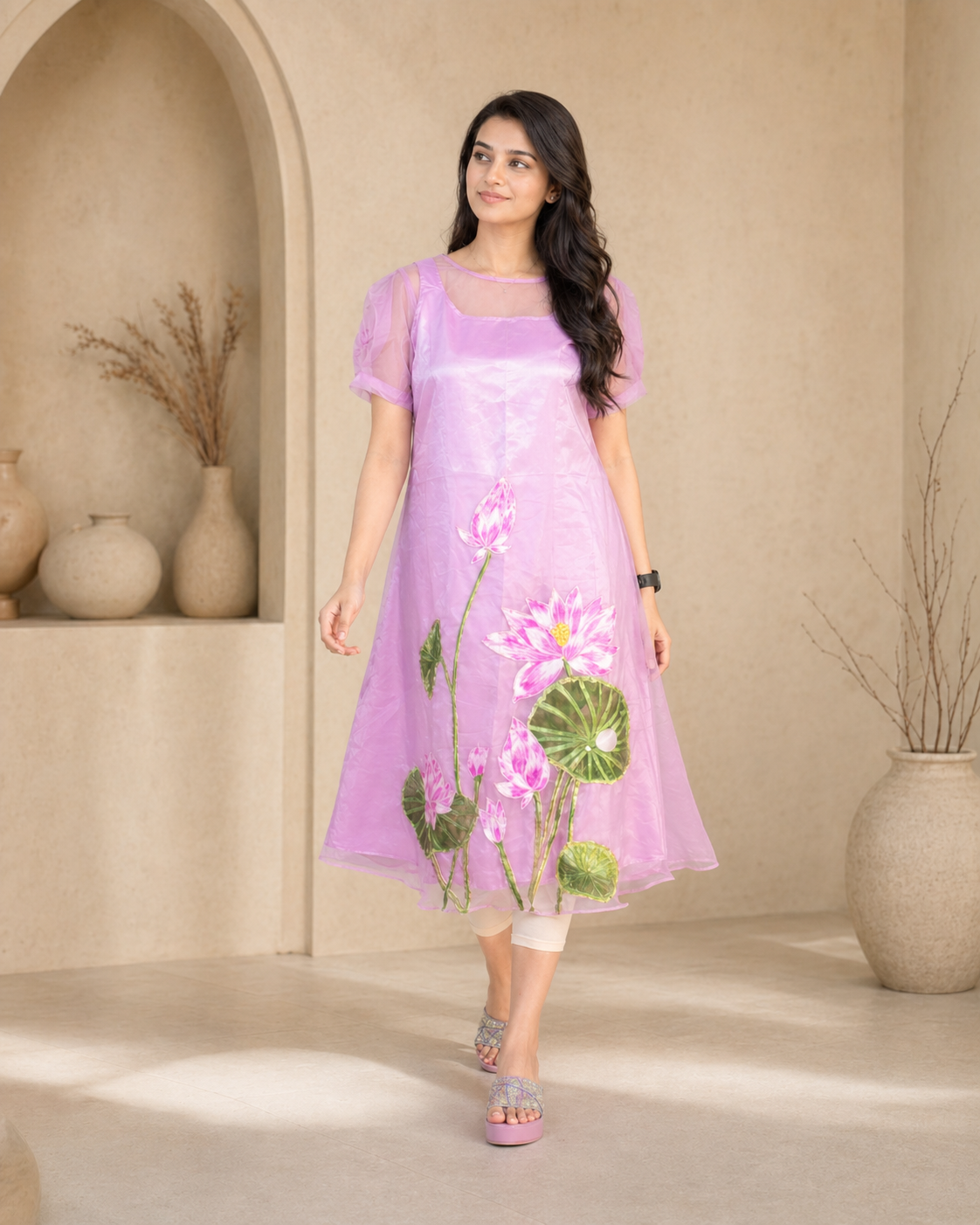 Lavender organza frock with detachable satin lining and hand painted design