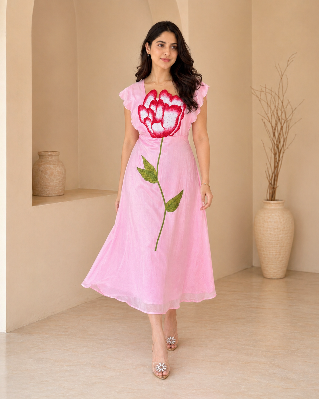 Pink tulip floral raw silk HandPainted Frock