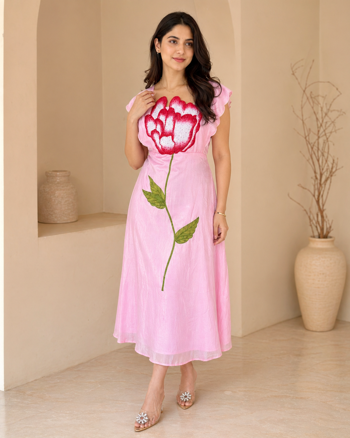 Pink tulip floral raw silk HandPainted Frock