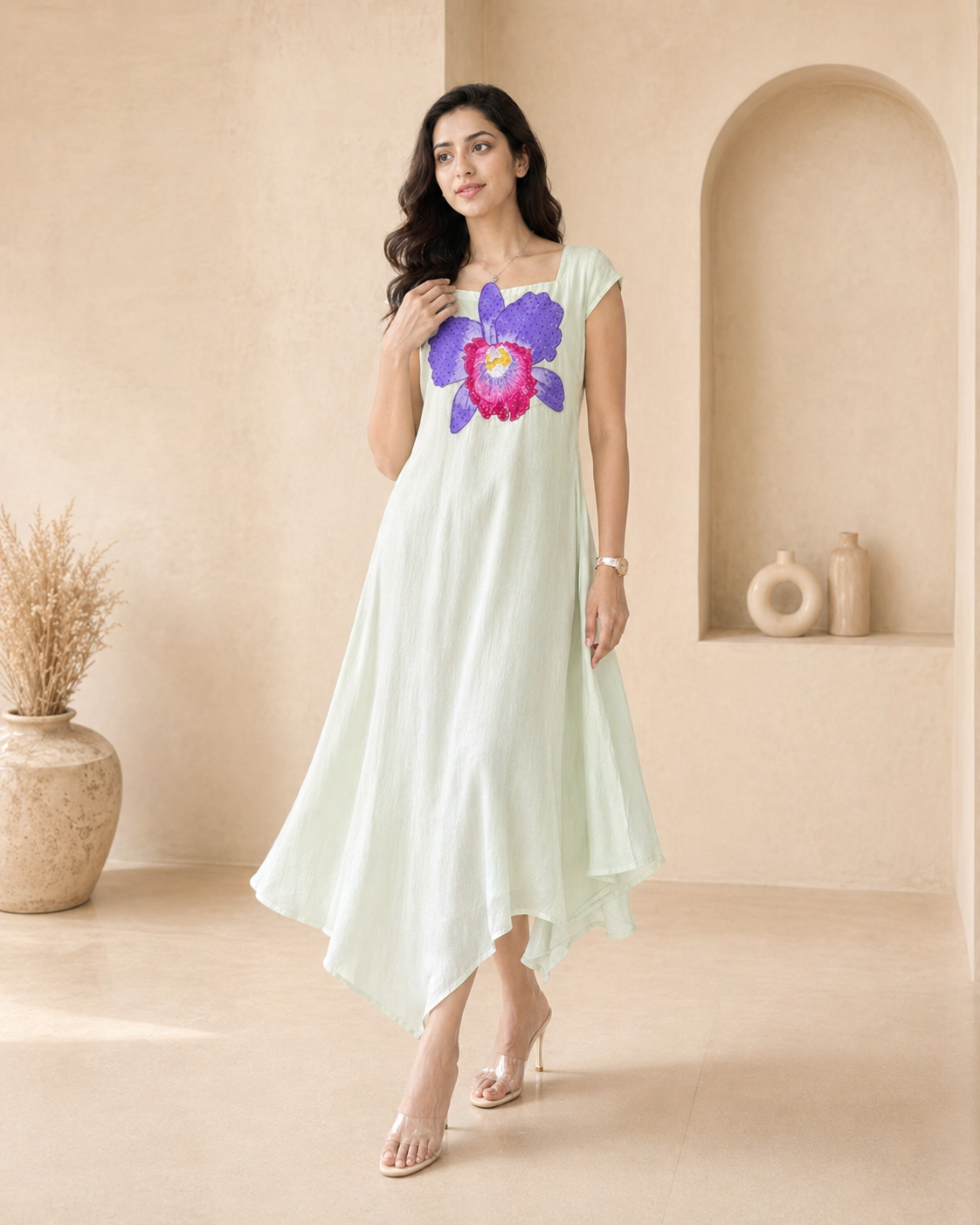 Light green frock with hand  painted applique motif