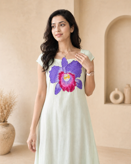 Light green frock with hand  painted applique motif