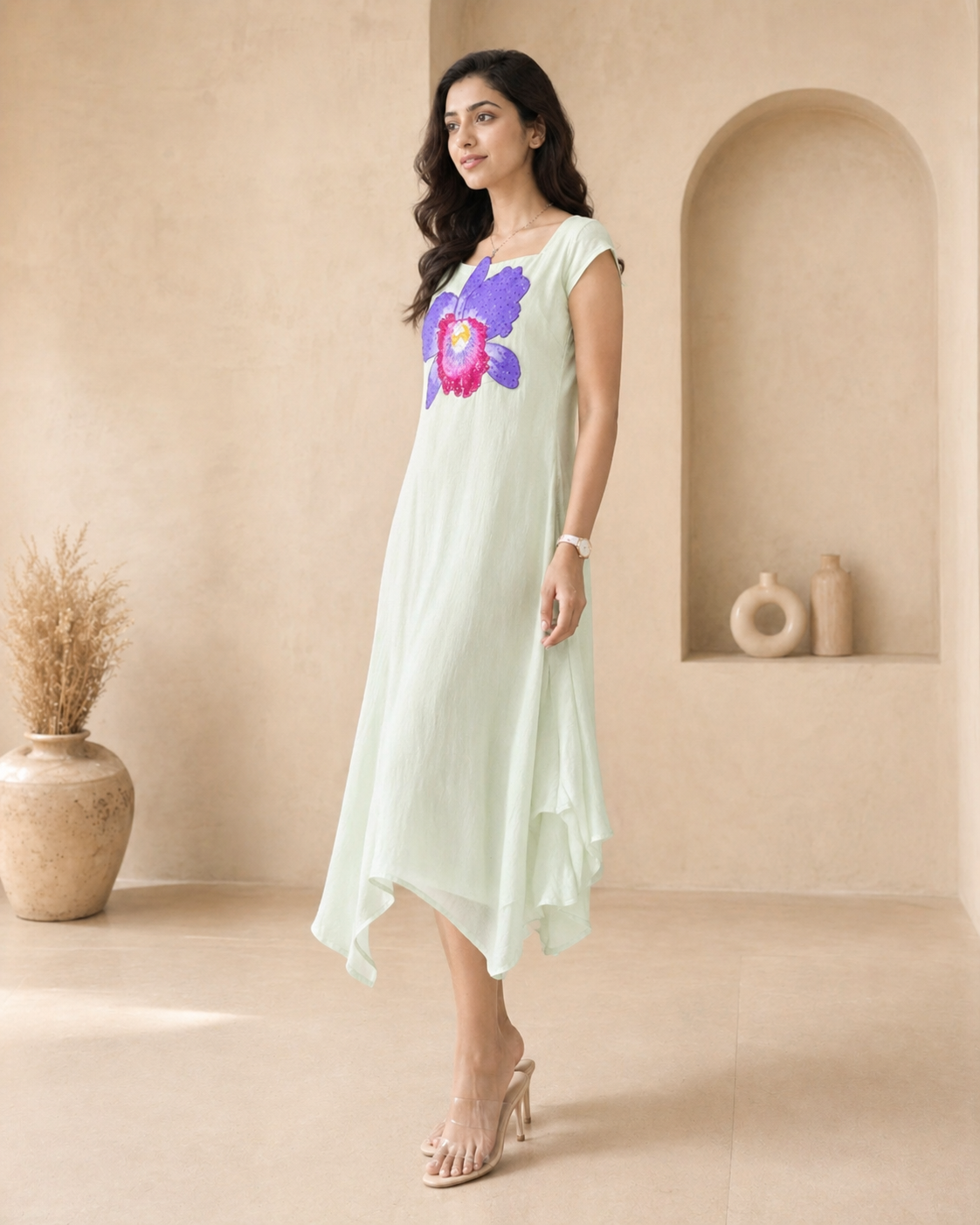 Light green frock with hand  painted applique motif