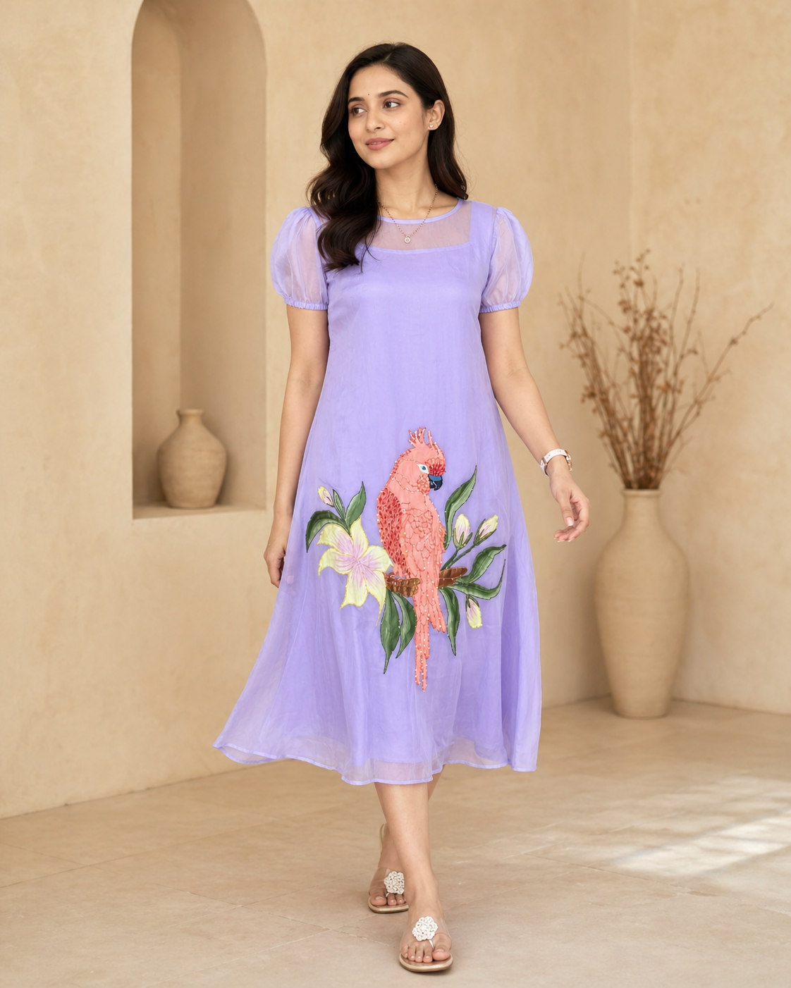 Lavender organza frock with detachable satin lining and hand painted design