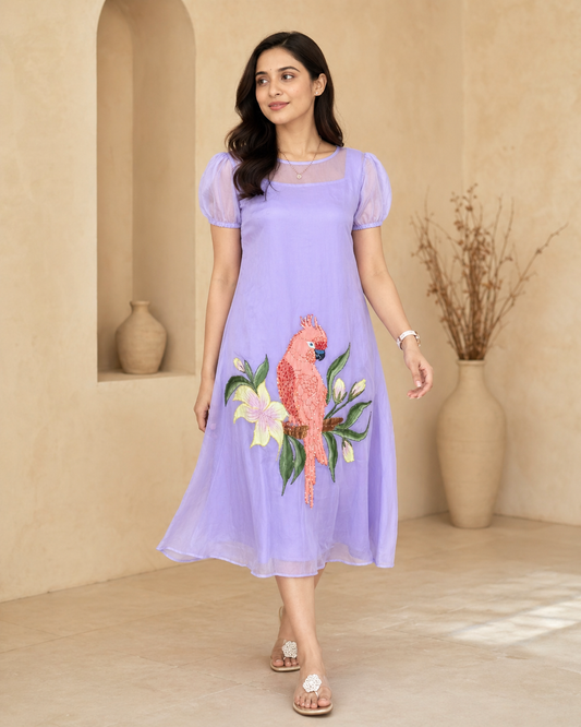 Lavender organza frock with detachable satin lining and hand painted design