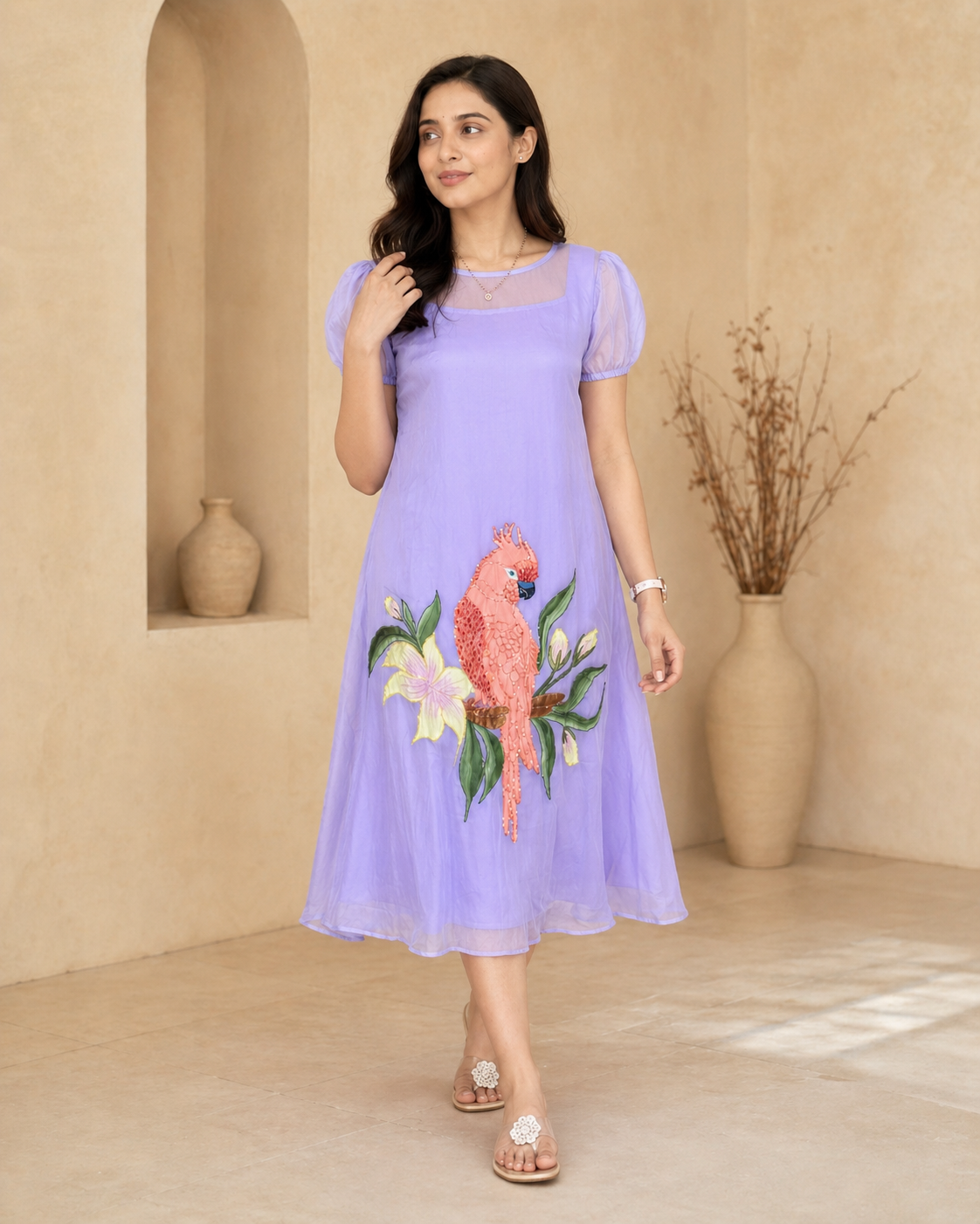 Lavender organza frock with detachable satin lining and hand painted design