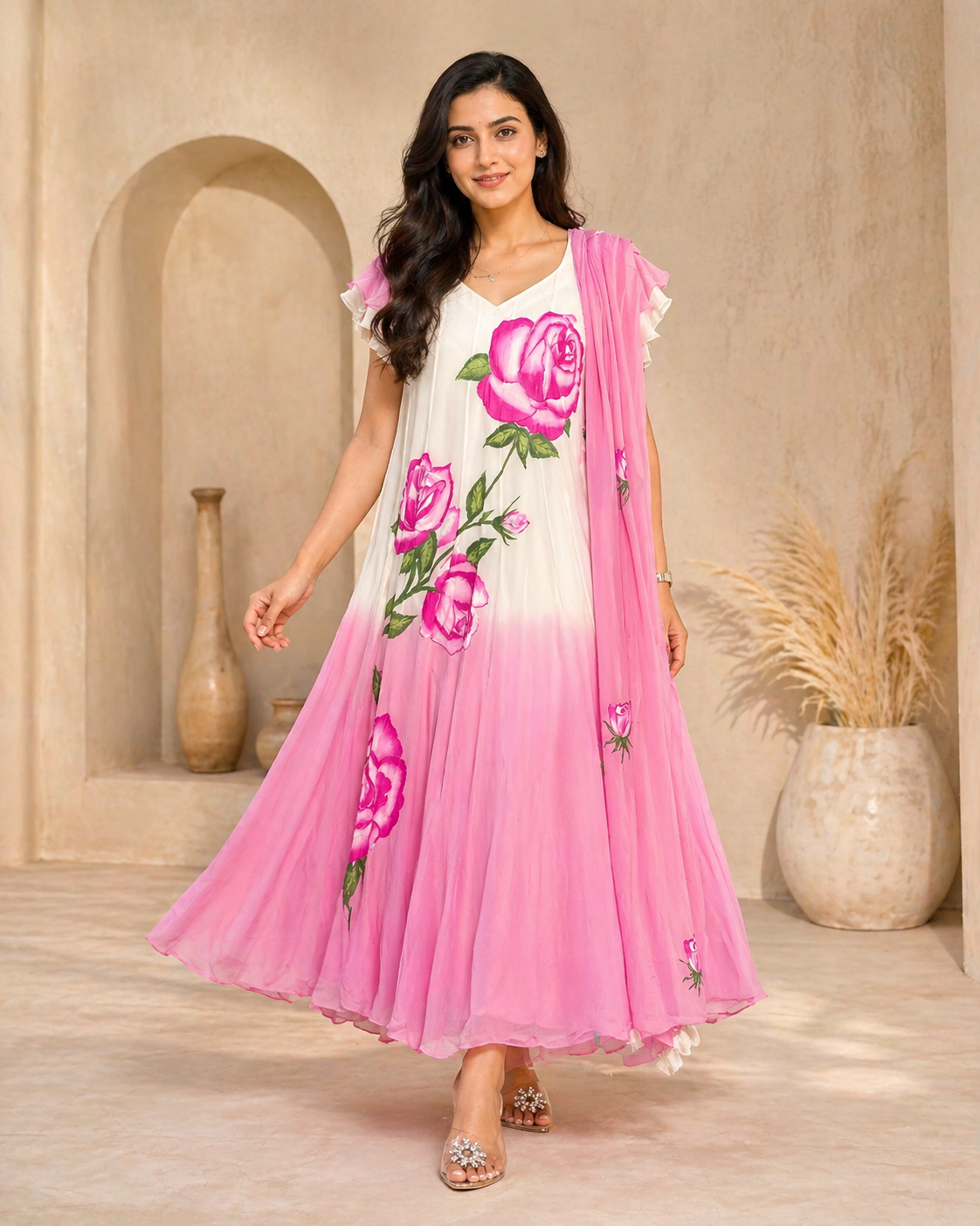 Dual shade white and pink hand painted frock with pink dupatta