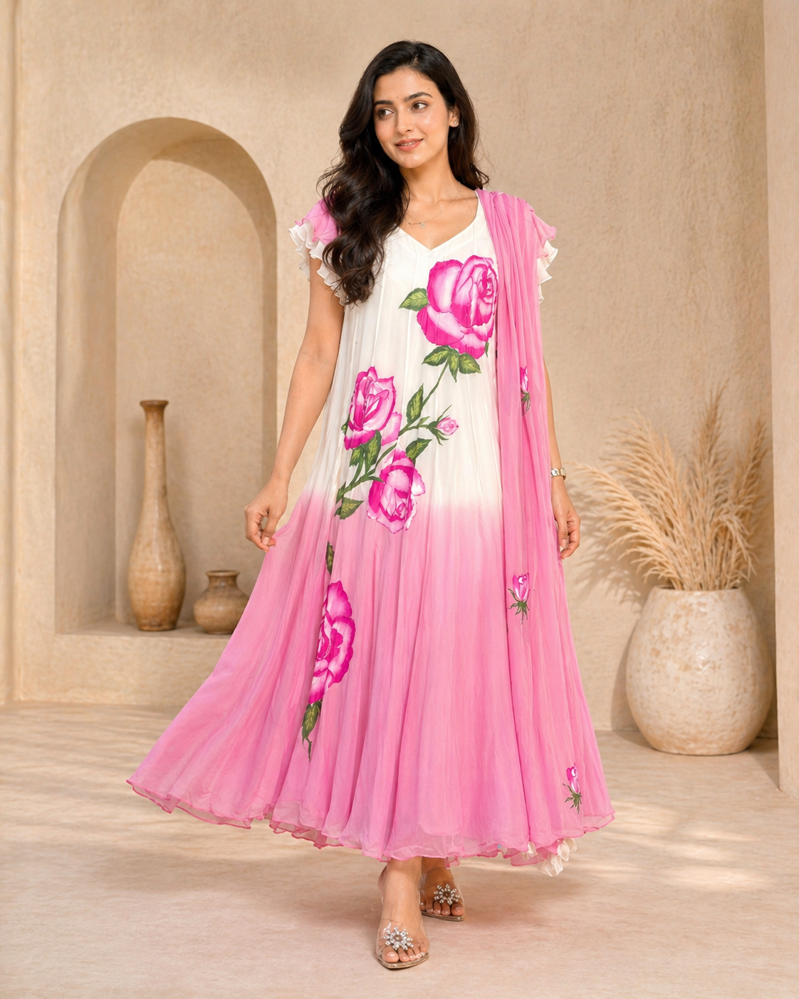Dual shade white and pink hand painted frock with pink dupatta