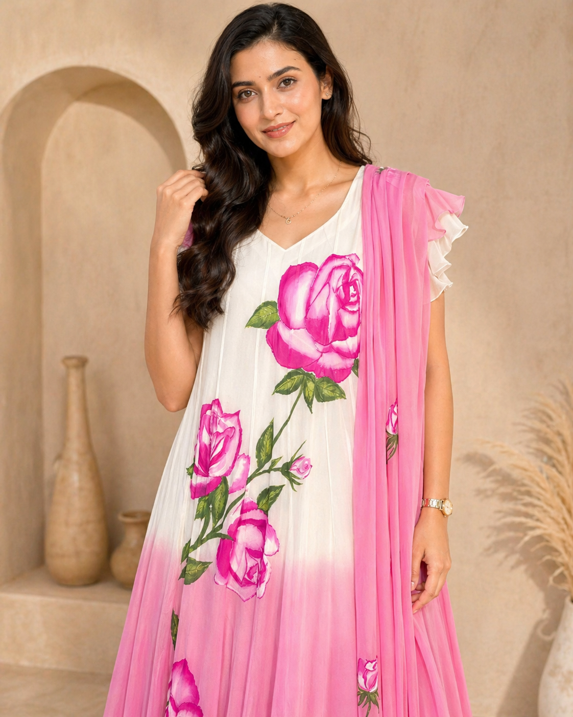 Dual shade white and pink hand painted frock with pink dupatta