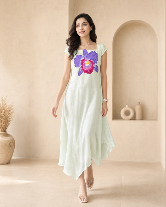 Light green frock with hand  painted applique motif