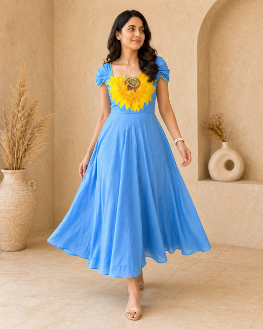 Floral raw silk frock with handpainted motif
