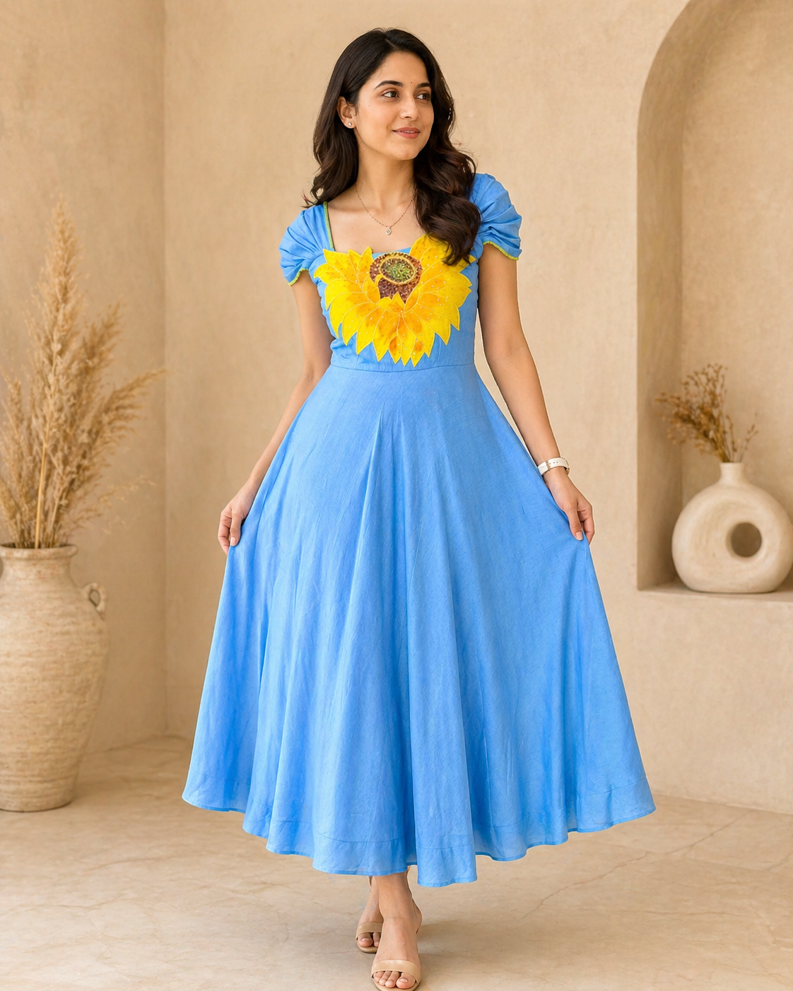 Floral raw silk frock with handpainted motif
