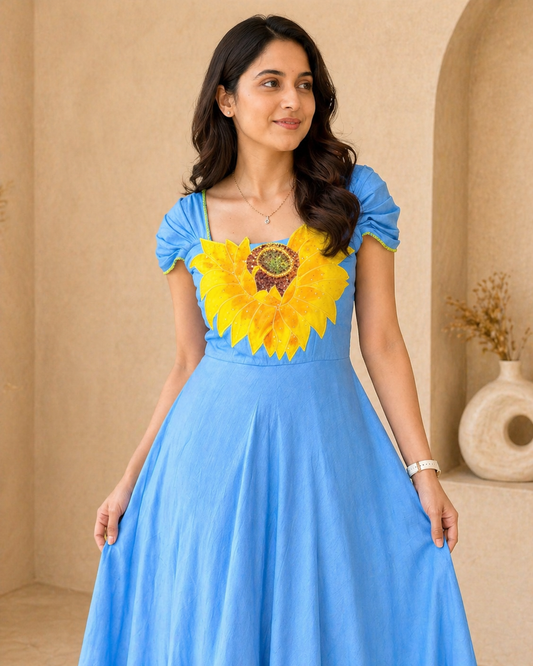 Floral raw silk frock with handpainted motif