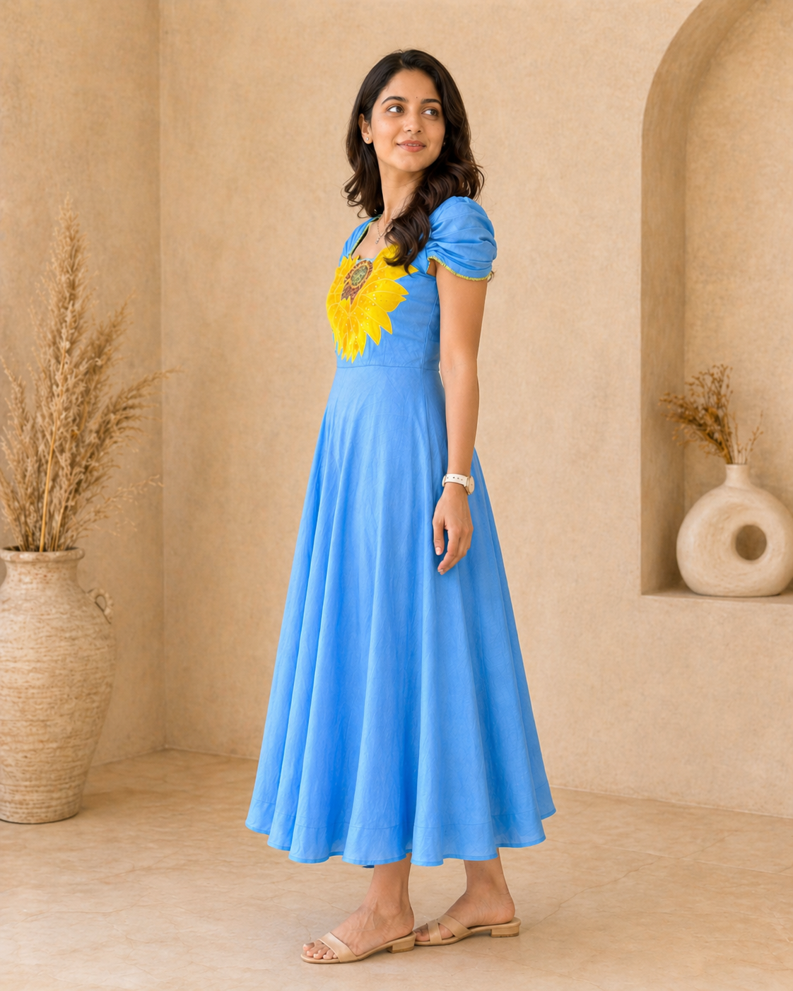 Floral raw silk frock with handpainted motif