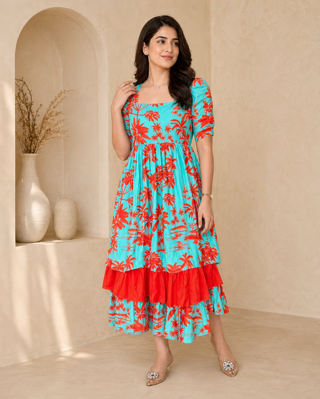 Green cotton  frock with elbow sleeves