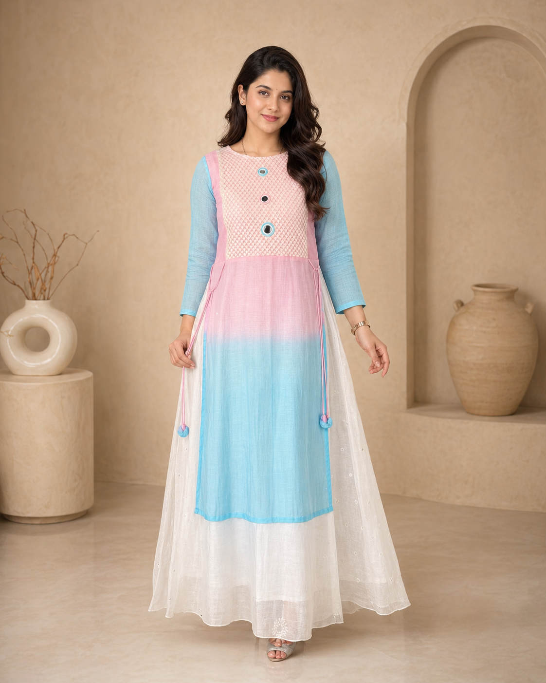 Dual shade kota cotton frock with mirror work