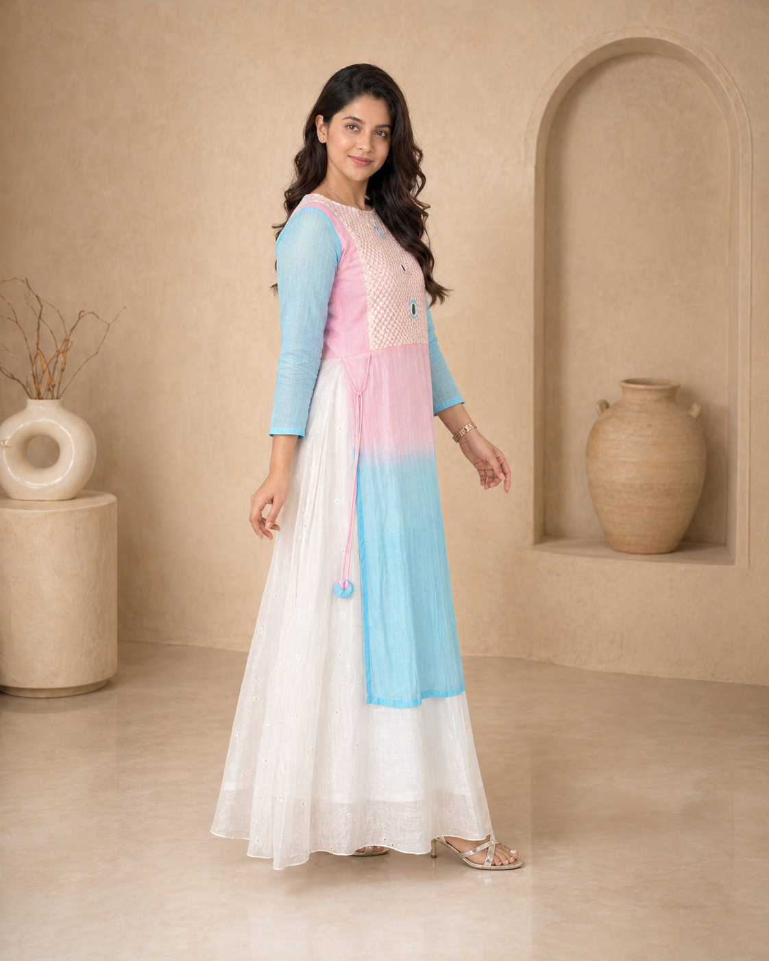 Dual shade kota cotton frock with mirror work