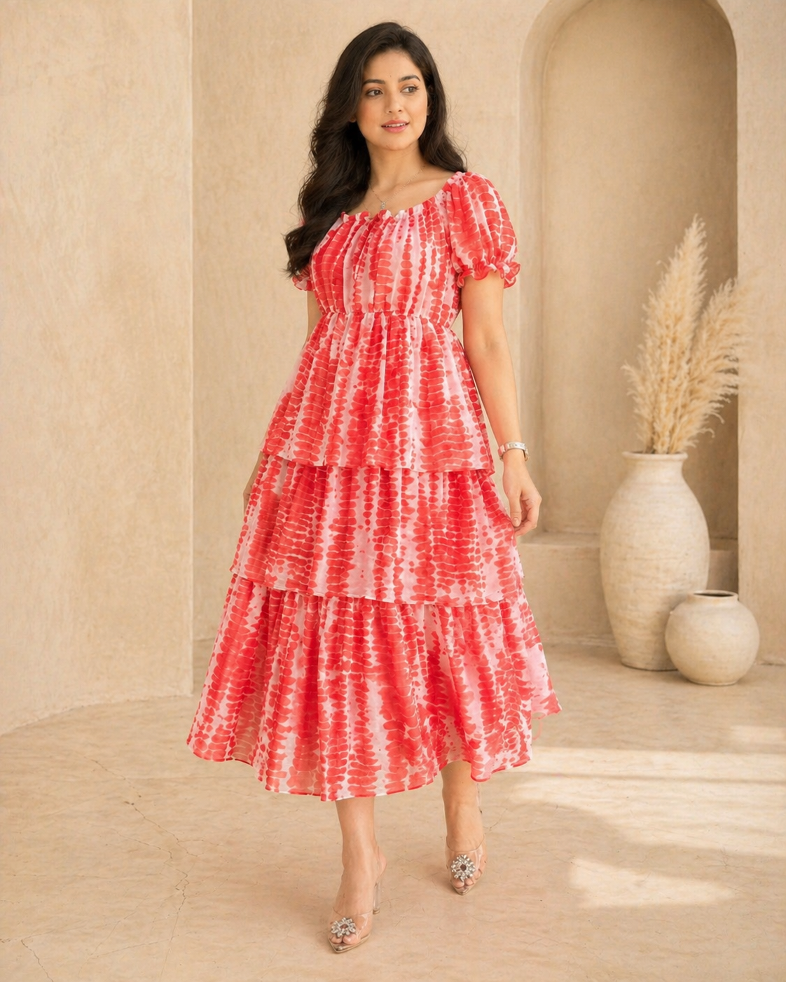 Red georgette frock with puff sleeves