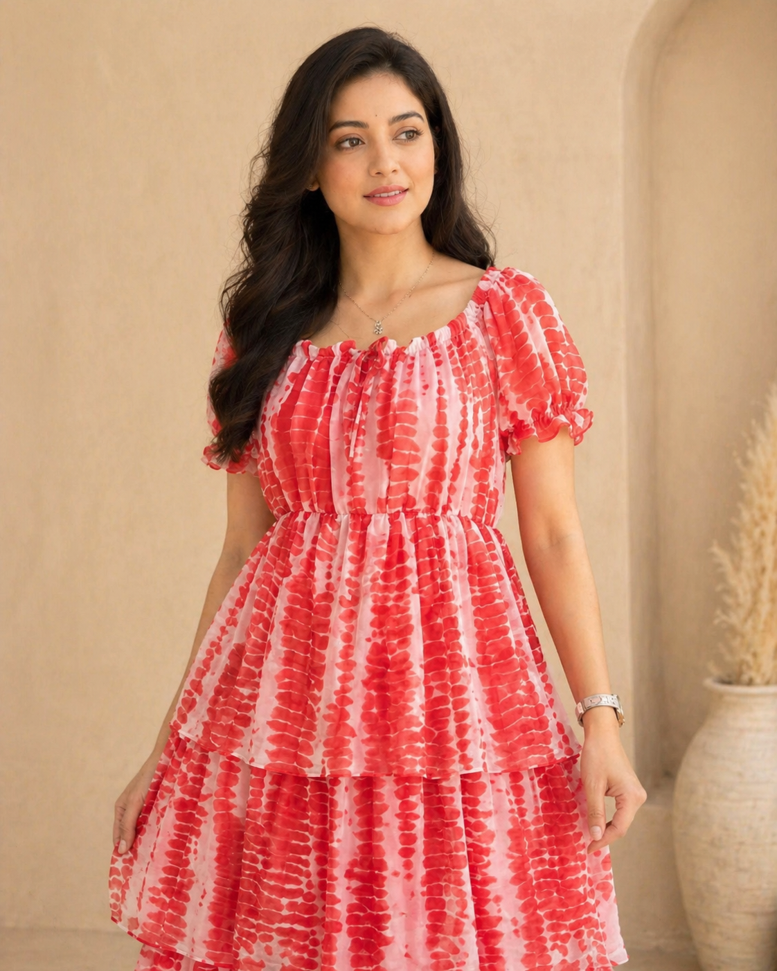 Red georgette frock with puff sleeves