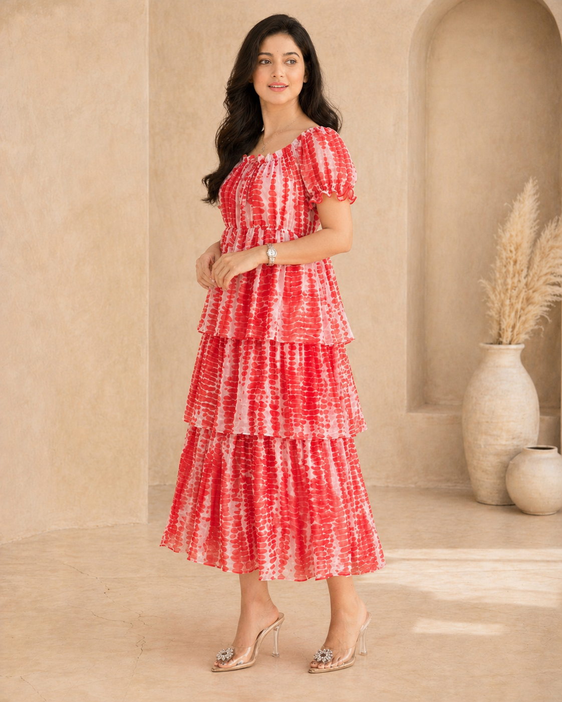Red georgette frock with puff sleeves