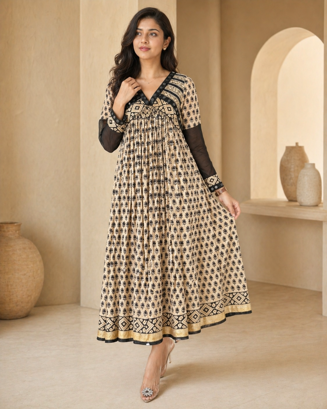 Black chanderi full sleeves frock with mirror work on collar