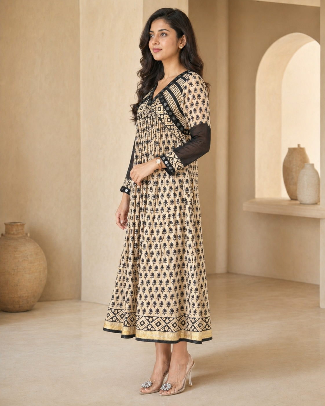 Black chanderi full sleeves frock with mirror work on collar
