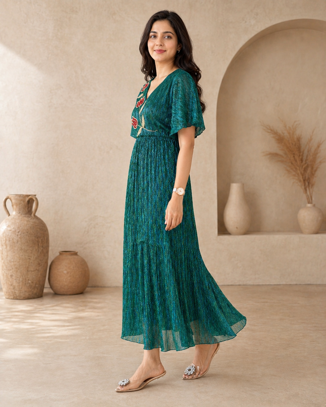 Lime Stretch - lyrca comfort frock with hand embroidery