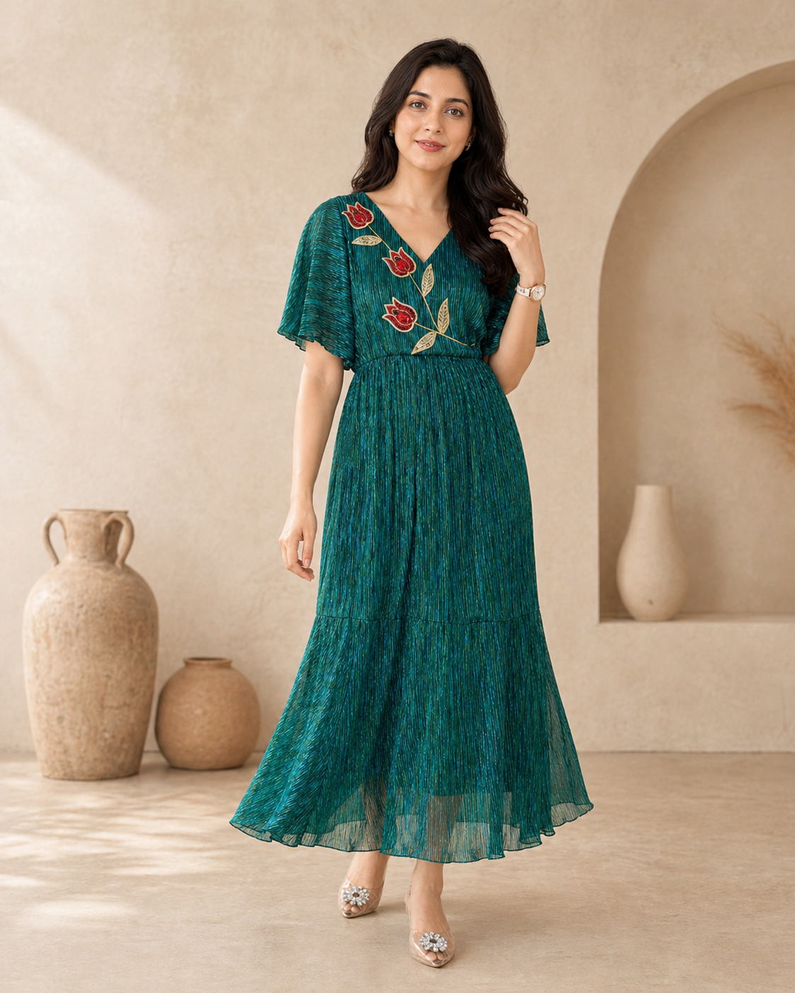 Lime Stretch - lyrca comfort frock with hand embroidery