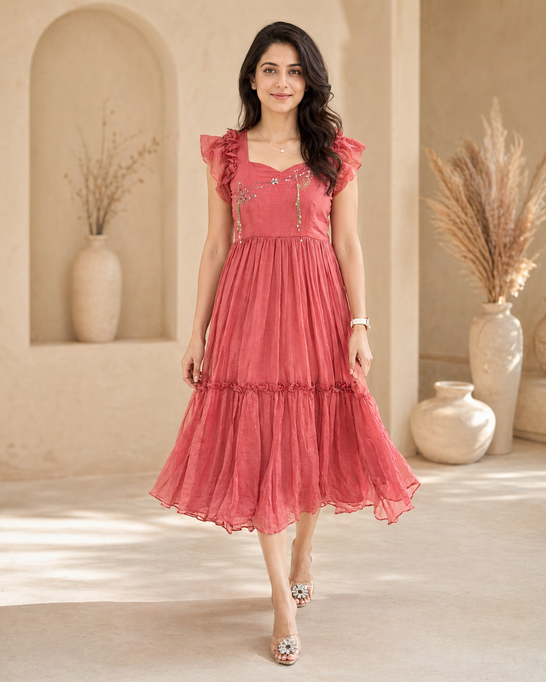 Mul cotton with butterfly motif hand embroidery frock