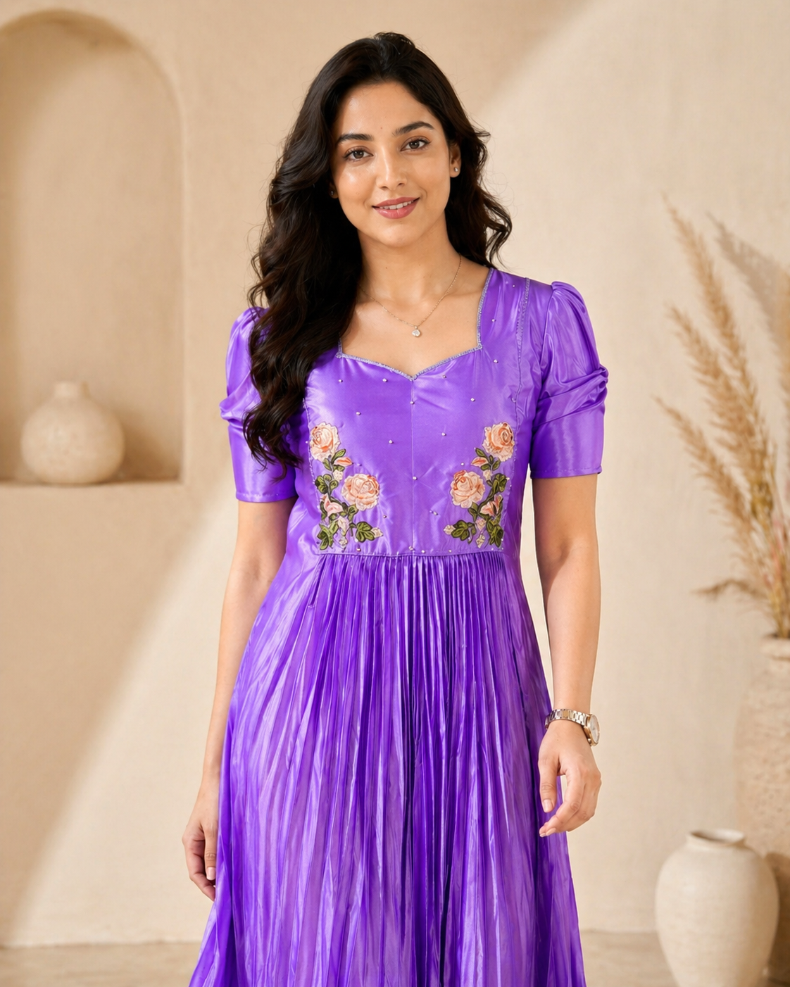 Lavender Silk Frock with hand embroidery