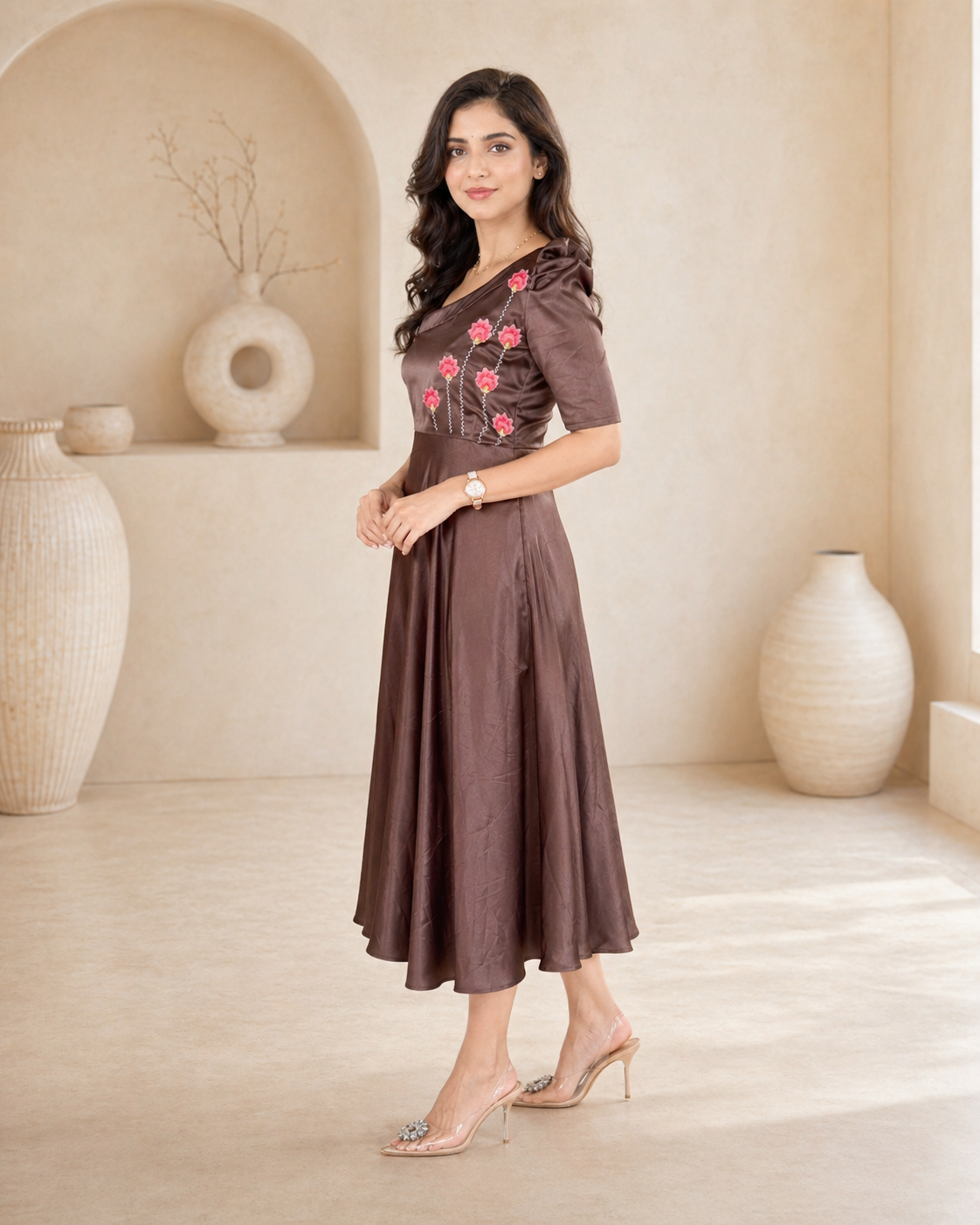 Mocha Stain frock with hand embroidery