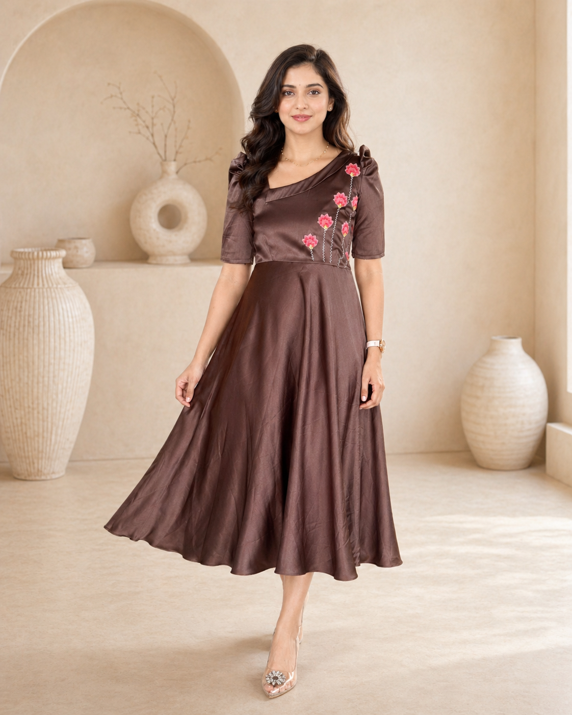 Mocha Stain frock with hand embroidery