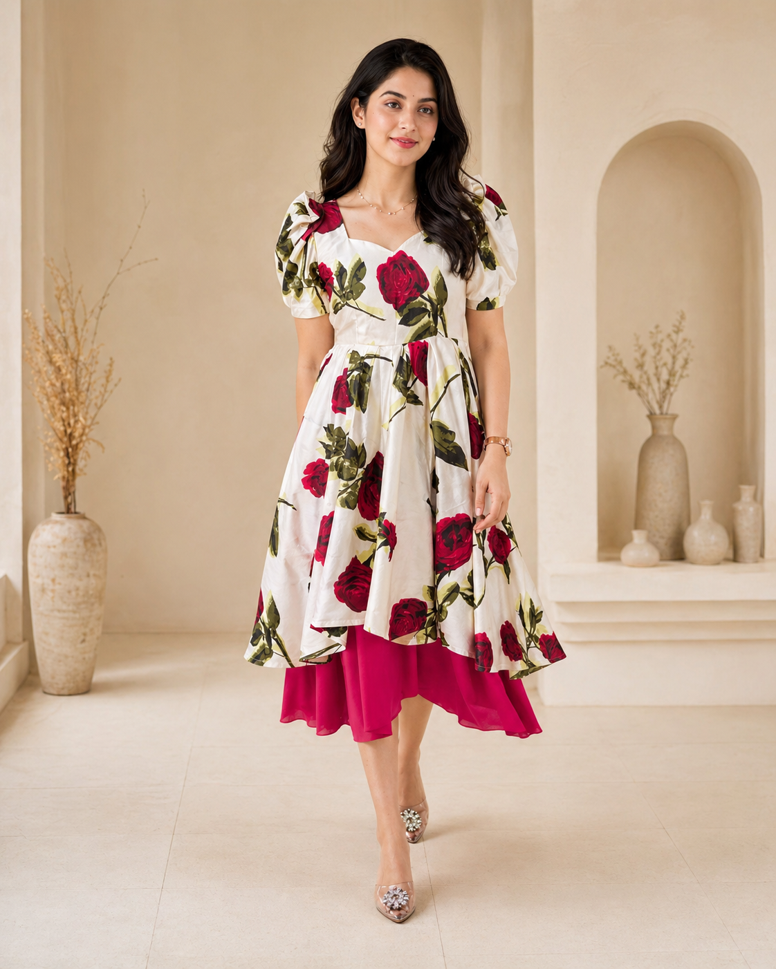 Beige with maroon floral frock
